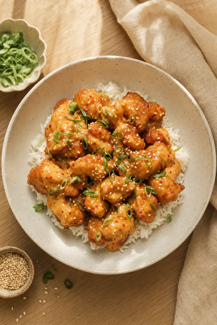 Crispy bang bang chicken in creamy sweet chili sauce over rice, topped with scallions and sesame seeds.