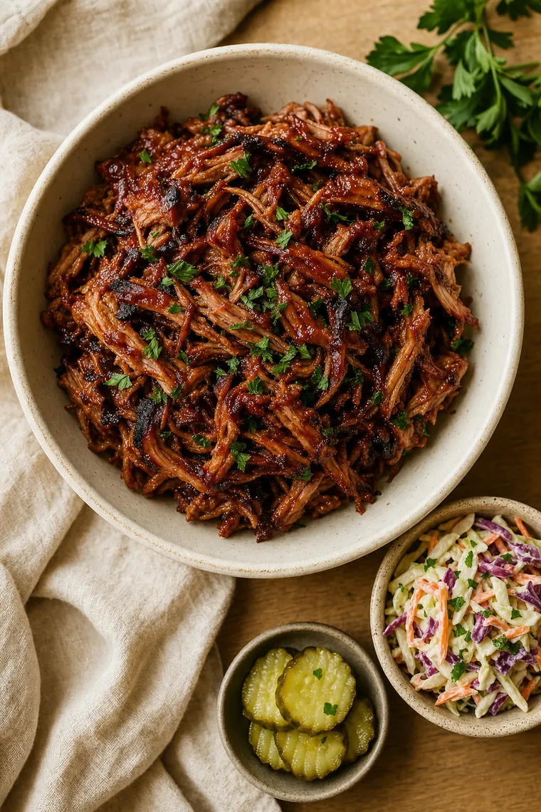 Shredded barbecue pulled pork in a cream bowl with slaw and pickles alongside.