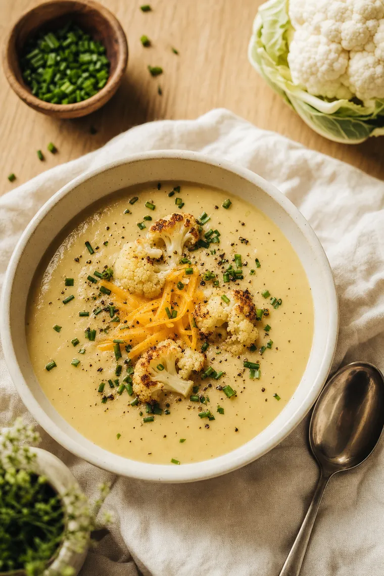 Creamy cheesy cauliflower soup topped with roasted florets, shredded cheddar and chives.