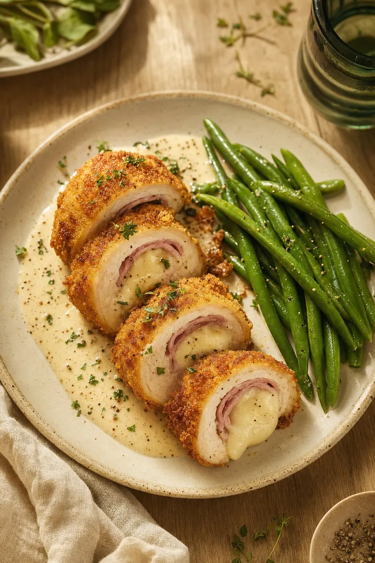 Sliced golden breaded chicken cordon bleu with ham and melted swiss, served with green beans and dijon cream sauce.