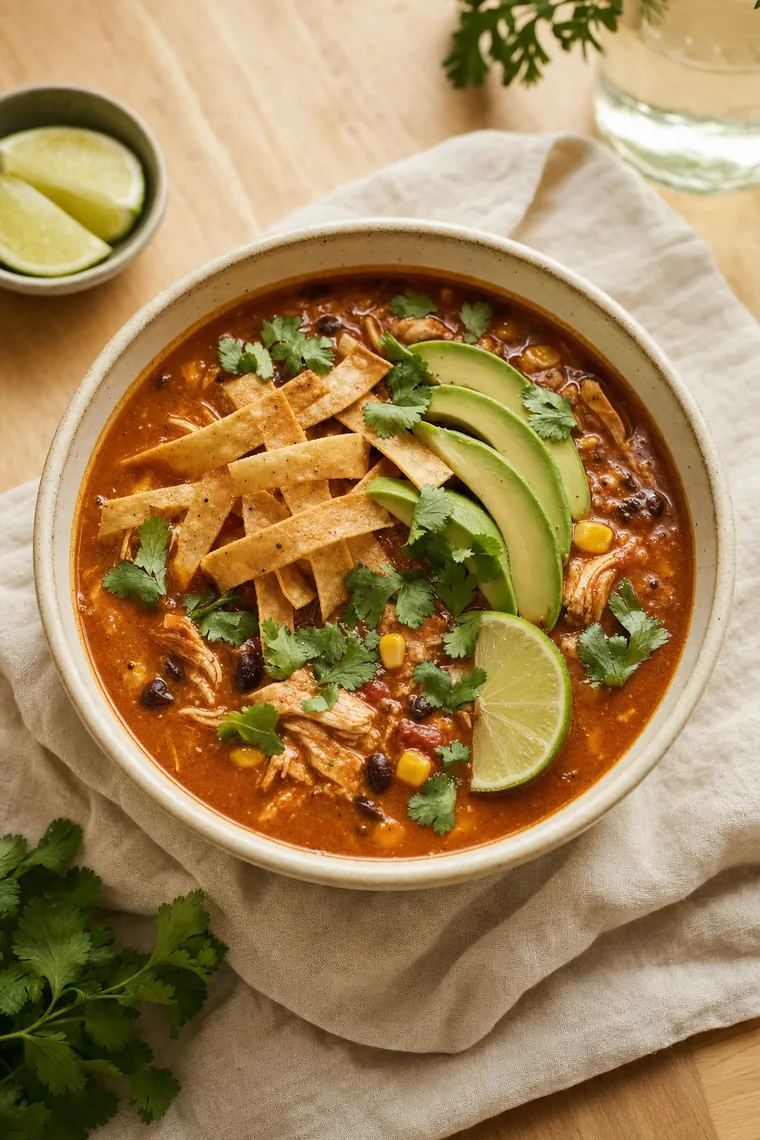 Bowl of chicken tortilla soup with shredded chicken, black beans, corn, tortilla strips, avocado and lime.