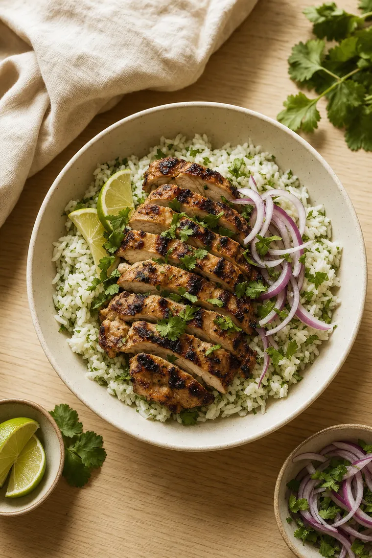 Sliced grilled cilantro lime chicken over cilantro rice with red onion and lime wedges.
