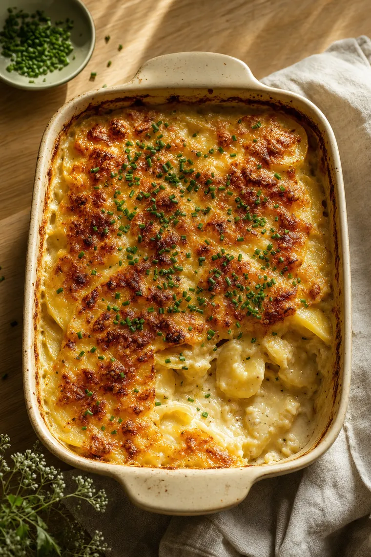 Golden bubbling cheesy hash brown casserole in a cream baking dish topped with chives.