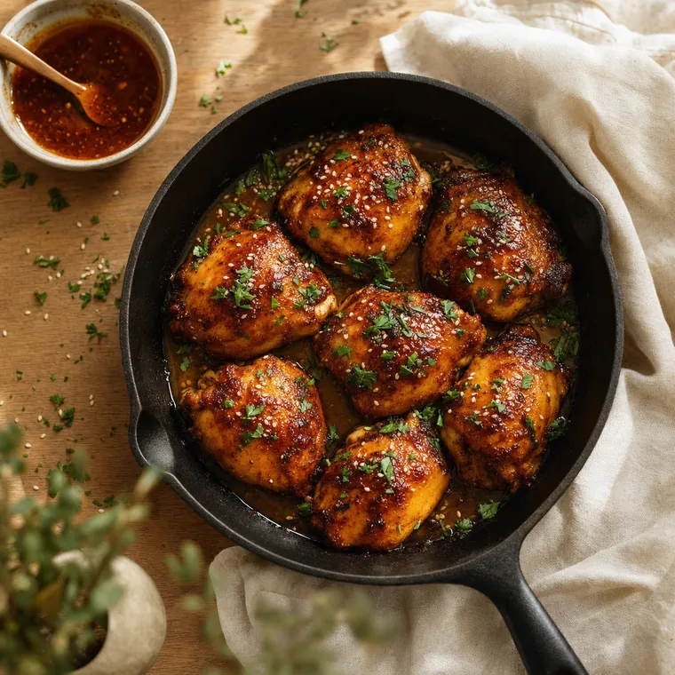 Honey chipotle glazed chicken thighs with caramelized edges in a cast iron skillet, sprinkled with parsley.