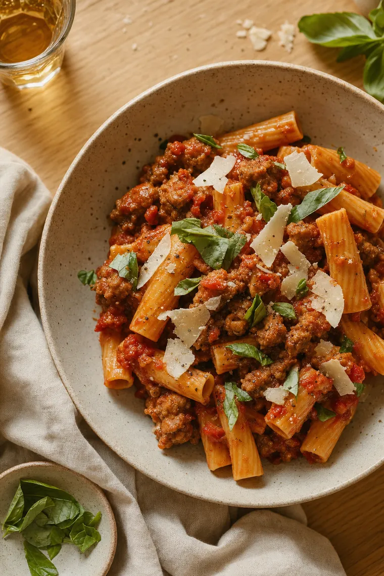 Italian sausage in chunky marinara over rigatoni with basil and shaved parmesan.