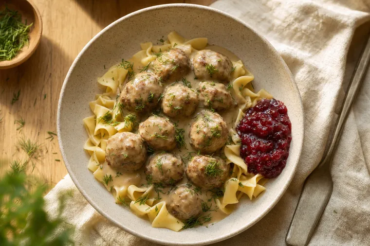 Swedish meatballs in creamy gravy over egg noodles with fresh dill and lingonberry jam.