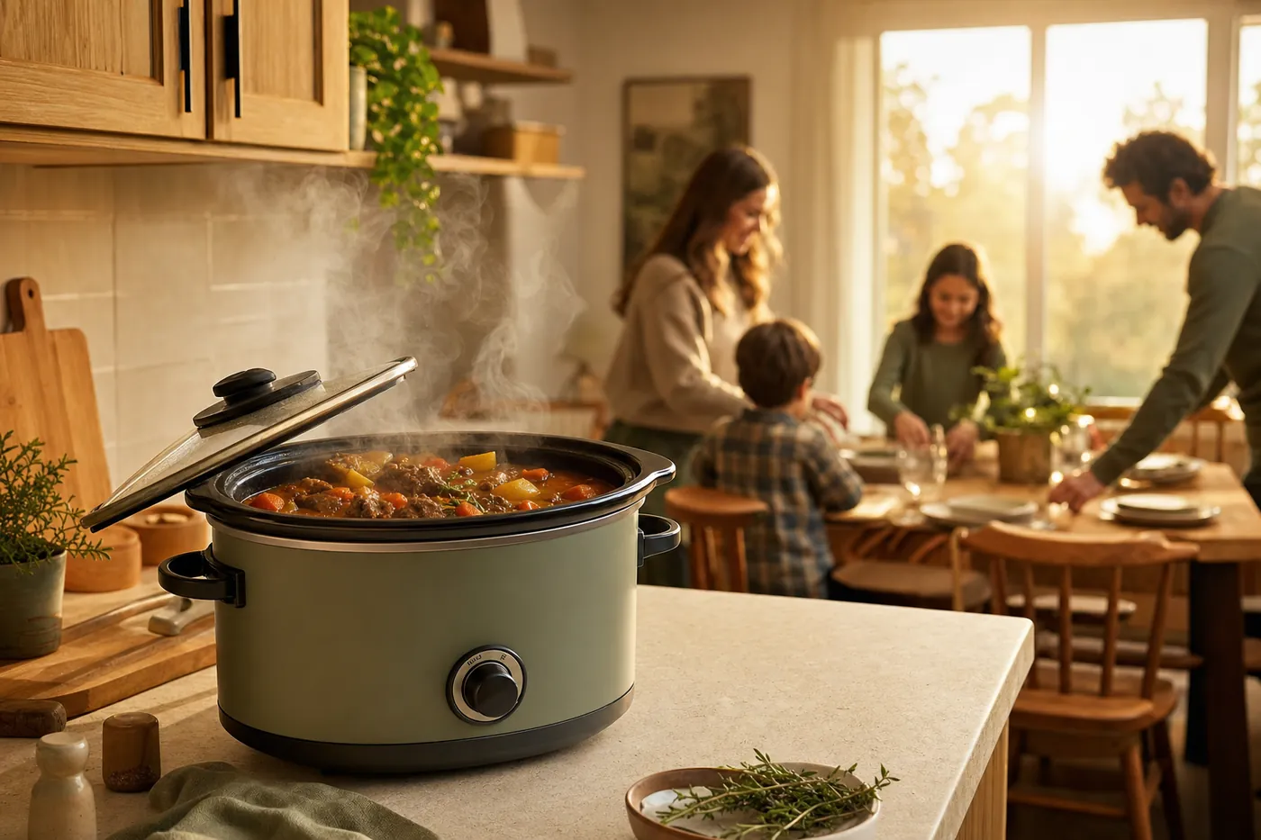 A slow cooker of hearty stew steaming on a cream kitchen counter while a family sets the dinner table in golden evening light.